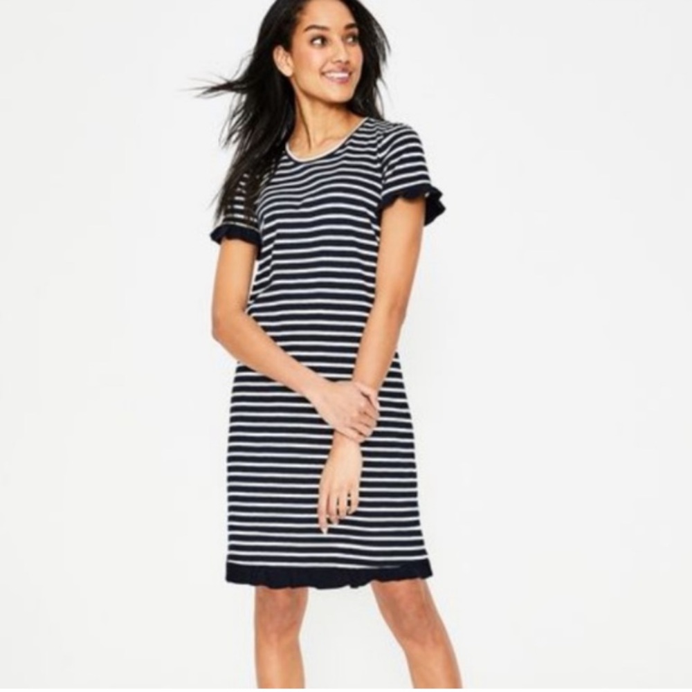Boden Emily Navy Blue Striped Shift Dress Ruffle Sleeve Casual  2 R style J0205